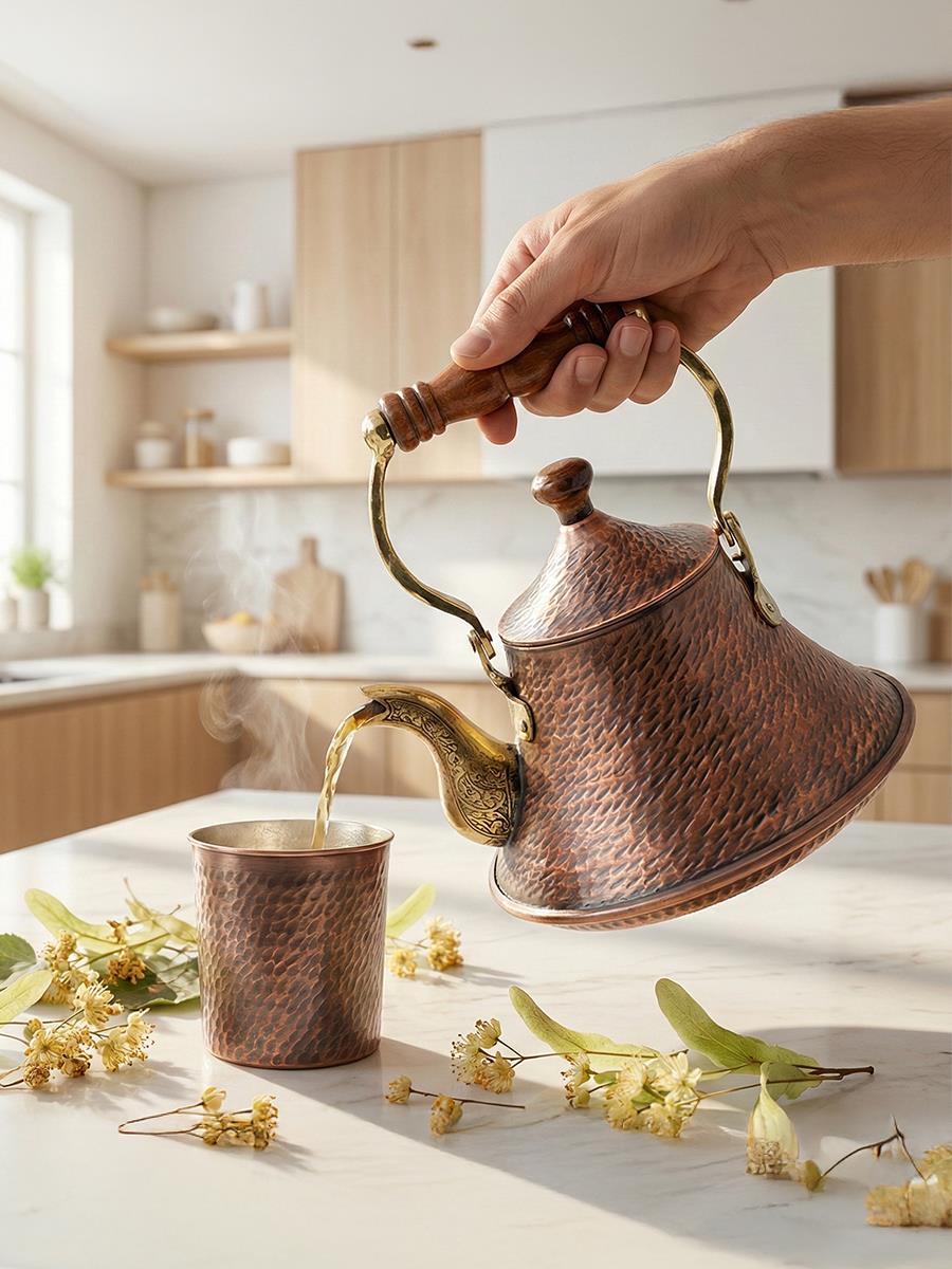 Eskitme El Yapımı Bakır Bitki Çayı Demliği