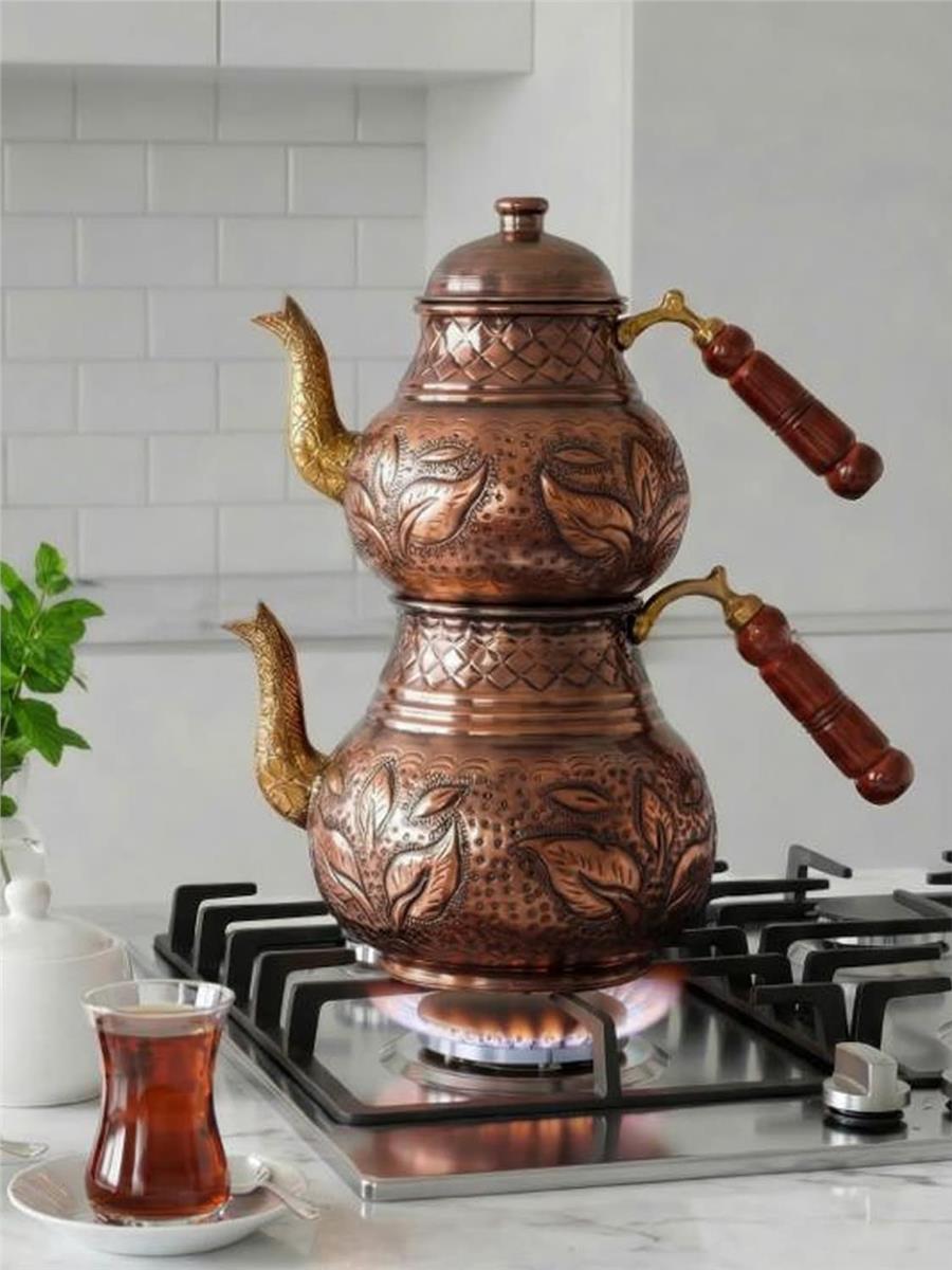 İşlemeli El Yapımı Klasik Bakır Çaydanlık