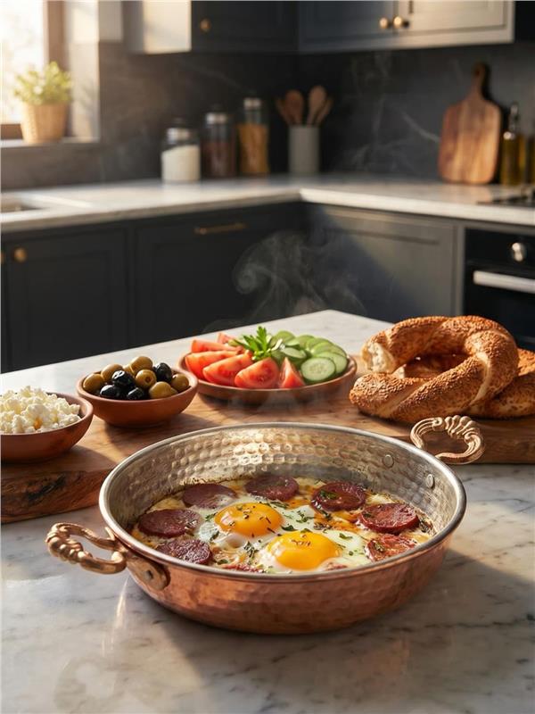 El Yapımı Bakır Yumurta Tavası Kapaklı 20 Cm