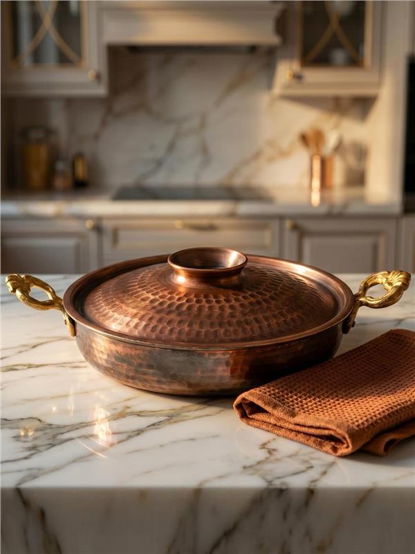 Eskitme El Yapımı Bakır Yumurta Tavası Kapaklı 24 Cm