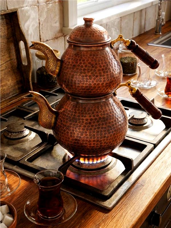 Damla Model Eskitme El Yapımı Bakır Çaydanlık