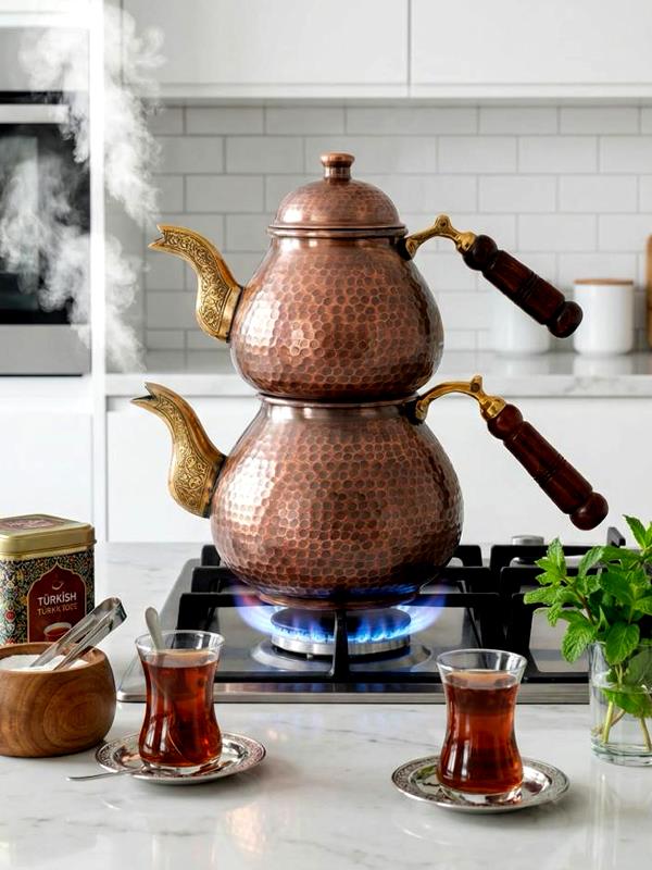 Damla Model Eskitme El Yapımı Bakır Çaydanlık