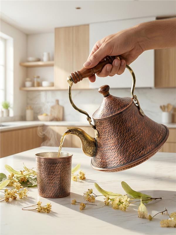 Eskitme El Yapımı Bakır Bitki Çayı Demliği